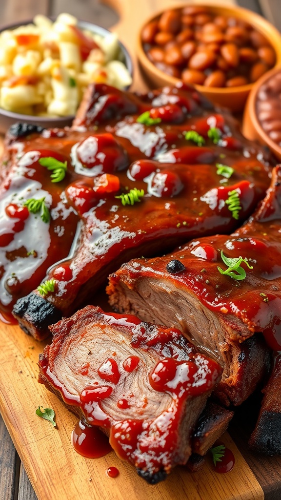 Smoky beef ribs glazed with barbecue sauce on a wooden platter, served with coleslaw and baked beans.